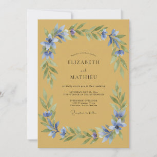 Convite Casamento com Florescimento Floral Azul Ócre