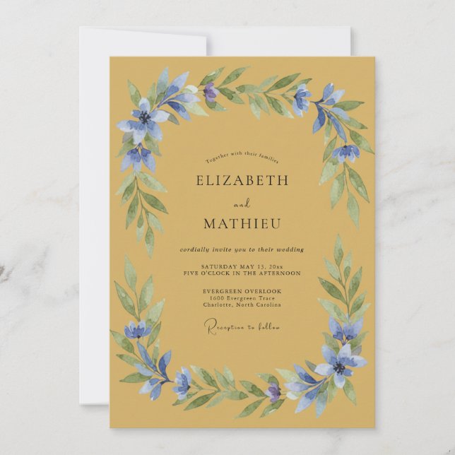 Convite Casamento com Florescimento Floral Azul Ócre (Frente)
