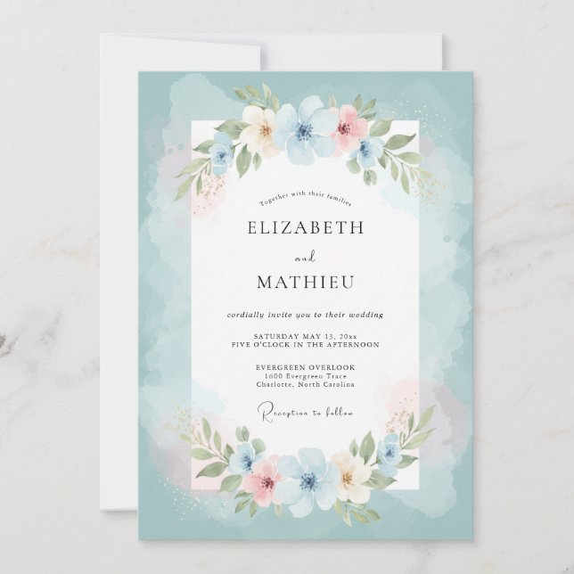 Convite Casamento com Florescimento Floral Azul Turquesa (Frente)