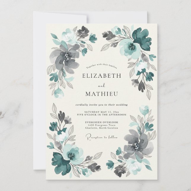 Convite Casamento com Florescimento Floral Azul- Verde (Frente)