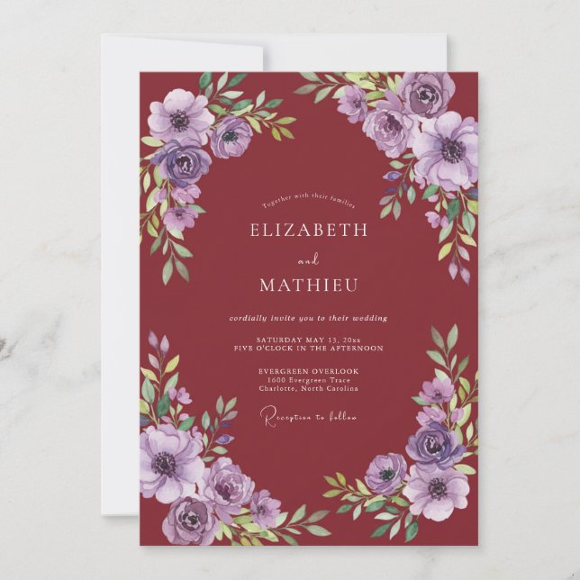 Convite Casamento com Florescimento Floral Carmesim (Frente)