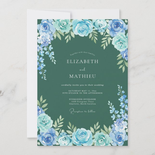 Convite Casamento com Florescimento Floral Verde Azul (Frente)