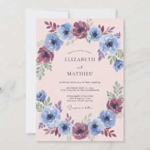 Convite Casamento com Florescimento Pintado de Ameixa Azul
