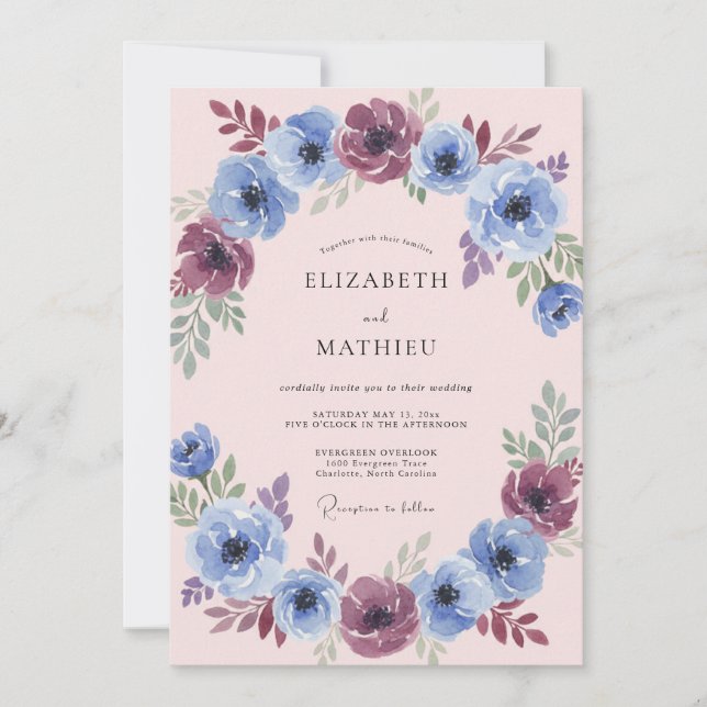 Convite Casamento com Florescimento Pintado de Ameixa Azul (Frente)
