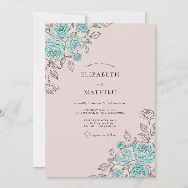 Convite Casamento com Florescimento Pintado de Rosa Azul (Frente)