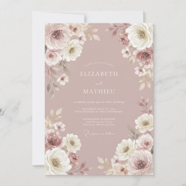 Convite Casamento com Florescimento Pintado Rosa Desbotado (Frente)