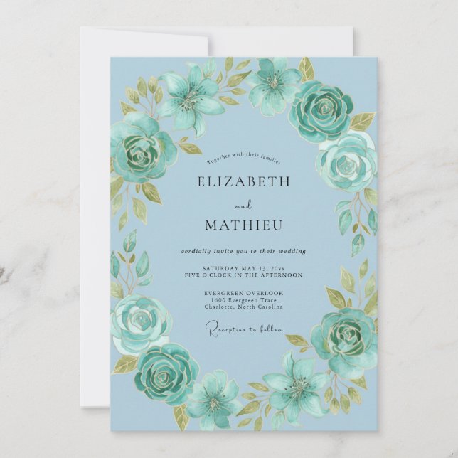 Convite Casamento com Florescimento Sussurrante em Azul Po (Frente)