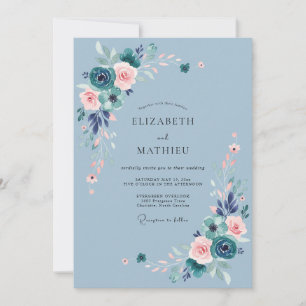 Convite Casamento com Florescimento Verde Azul Empoeirado