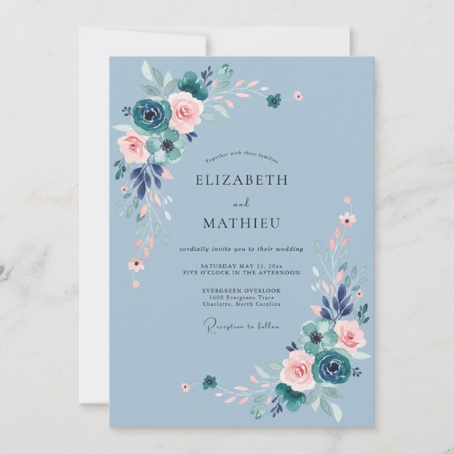 Convite Casamento com Florescimento Verde Azul Empoeirado (Frente)