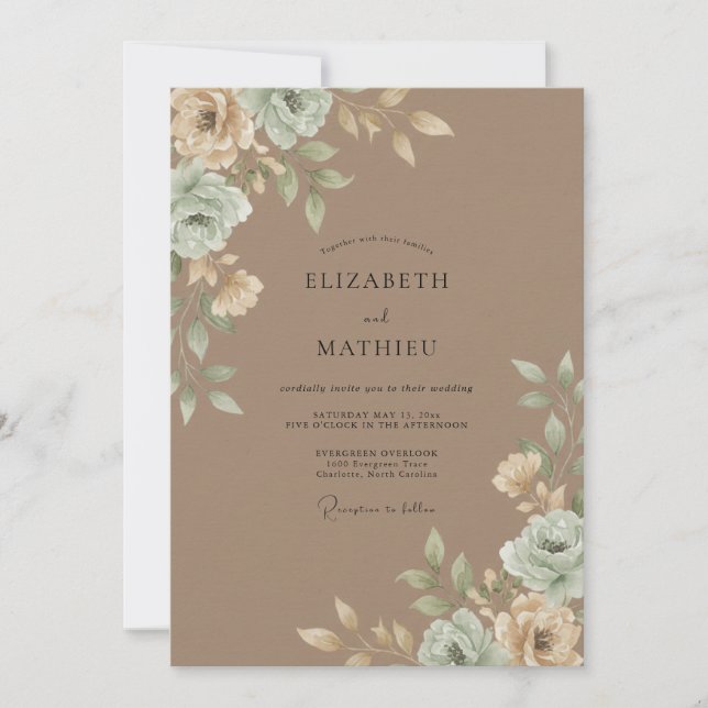 Convite Casamento com Folha de Aquarela Bege (Frente)