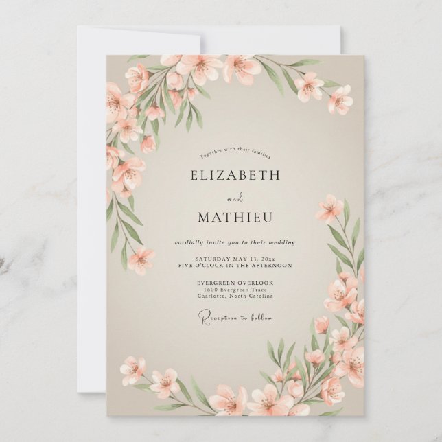 Convite Casamento com Folha de Aquarela em Pêssego (Frente)