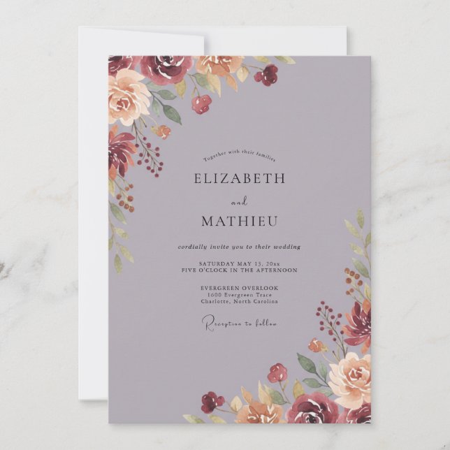Convite Casamento com Folha de Borgonha Malva (Frente)