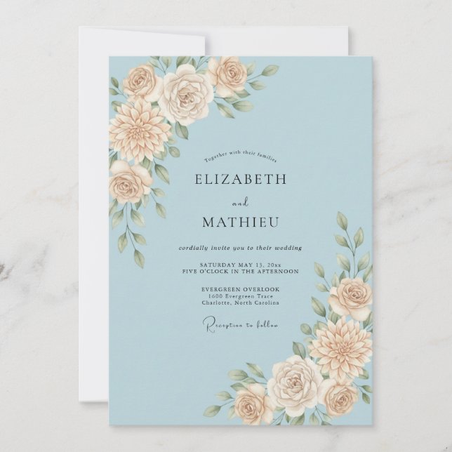 Convite Casamento com Folha de Champanhe Azul (Frente)