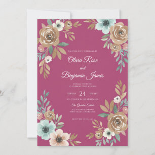 Convite Casamento com Folha de Champanhe Magenta