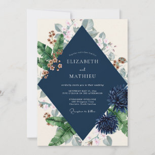Convite Casamento com Folha de Dália Azul-Marinho