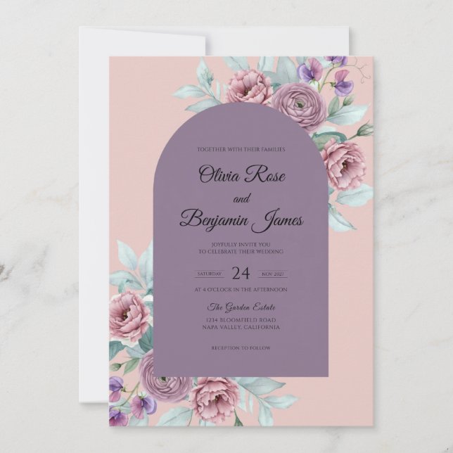 Convite Casamento com Folha de Damasco Malva (Frente)