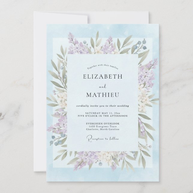 Convite Casamento com Folha de Lilás Azul Pó (Frente)