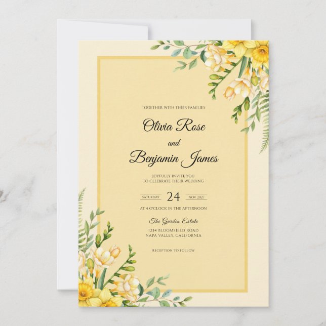 Convite Casamento com Folha de Marigold Amarela (Frente)