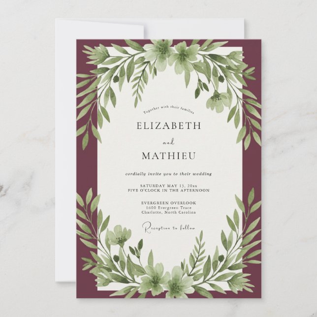 Convite Casamento com Folha de Oliva Marrom (Frente)