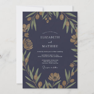 Convite Casamento com Folha de Oliveira Boho Midnight