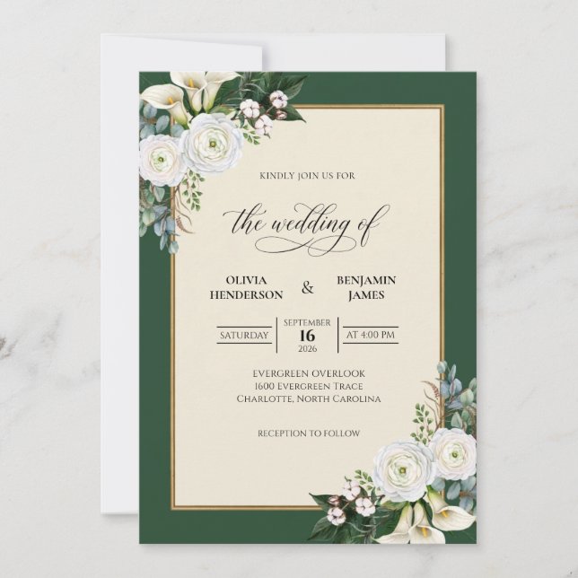 Convite Casamento com Folha de Ouro Esmeralda (Frente)