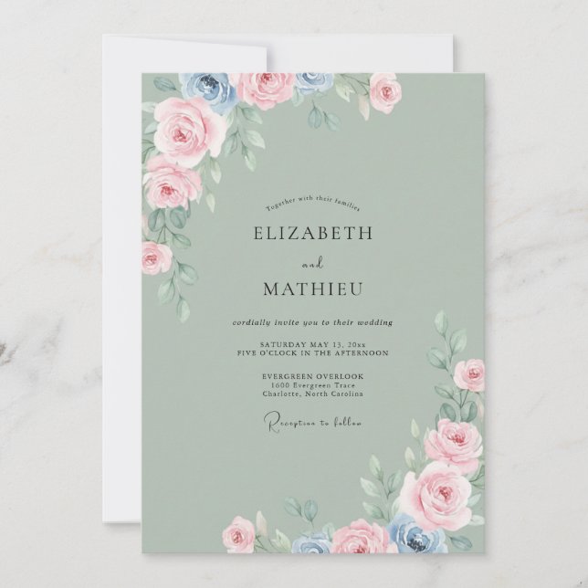 Convite Casamento com Folha de Periwinkle Rosa (Frente)