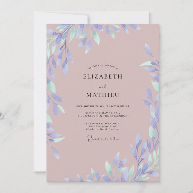 Convite Casamento com Folha de Periwinkle Rosa Empoeirada (Frente)