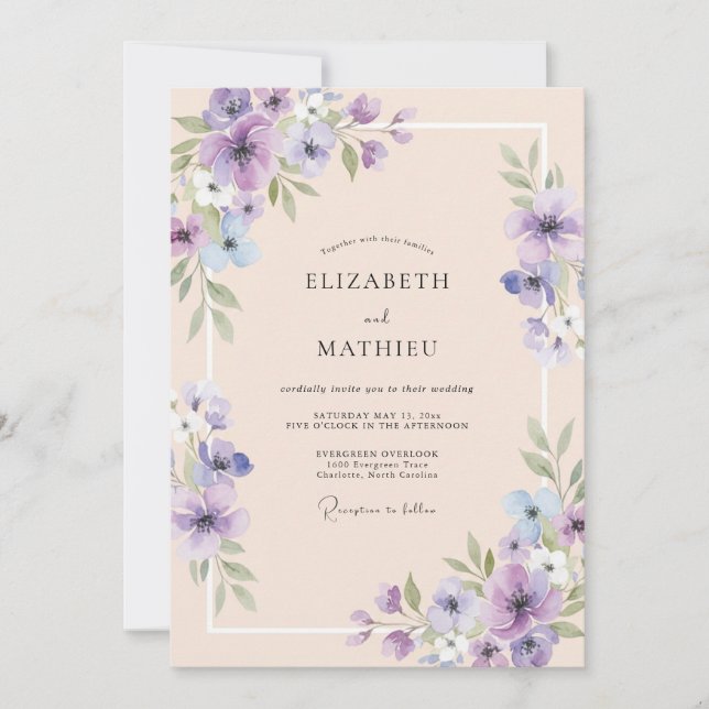 Convite Casamento com Folha de Pêssego Lavanda (Frente)