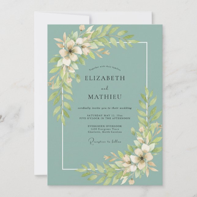 Convite Casamento com Folha de Teal Empoeirada (Frente)
