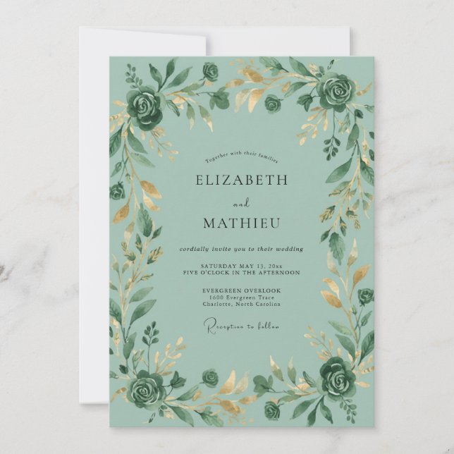 Convite Casamento com Folha Dourada em Seafoam (Frente)