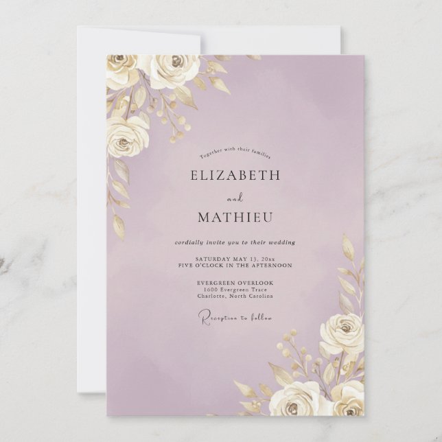 Convite Casamento com Folha Dourada Lilás (Frente)