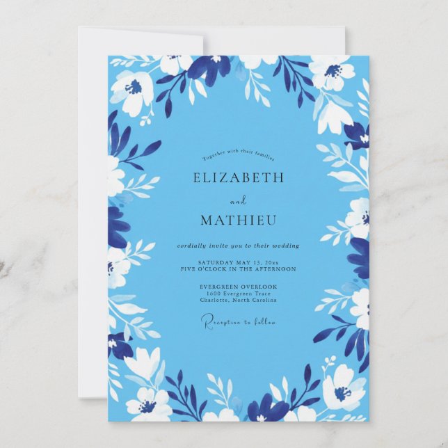 Convite Casamento com Folha Pintada Azul (Frente)
