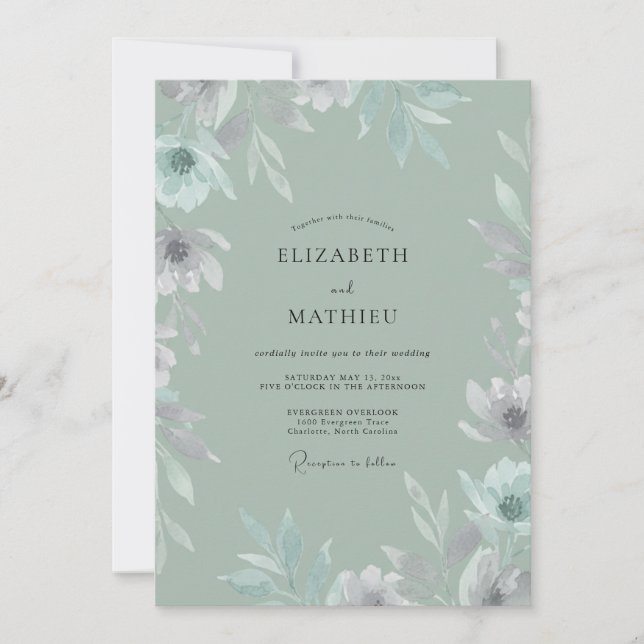 Convite Casamento com Folha Pintada de Celadon (Frente)