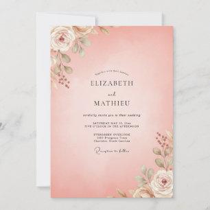Convite Casamento com Folha Pintada de Coral Rosado