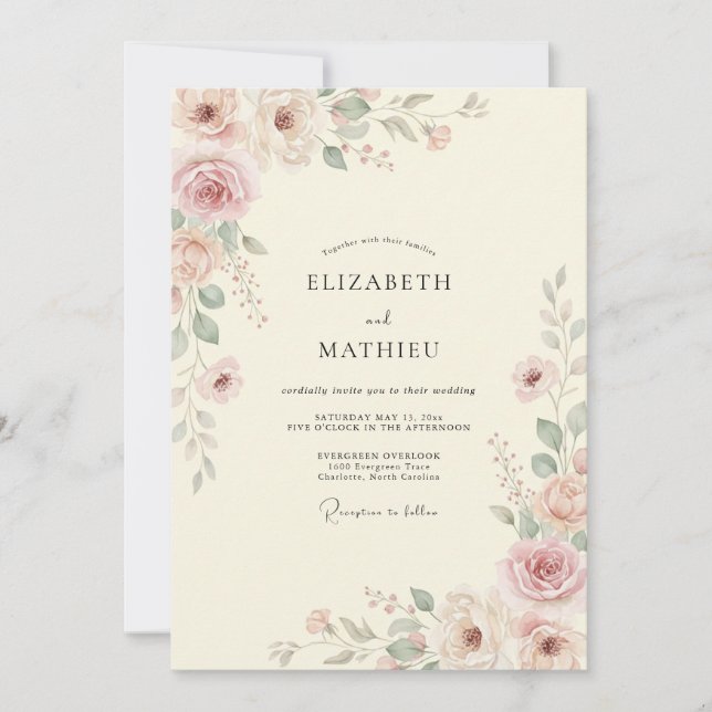 Convite Casamento com Folha Pintada de Creme Mauve (Frente)