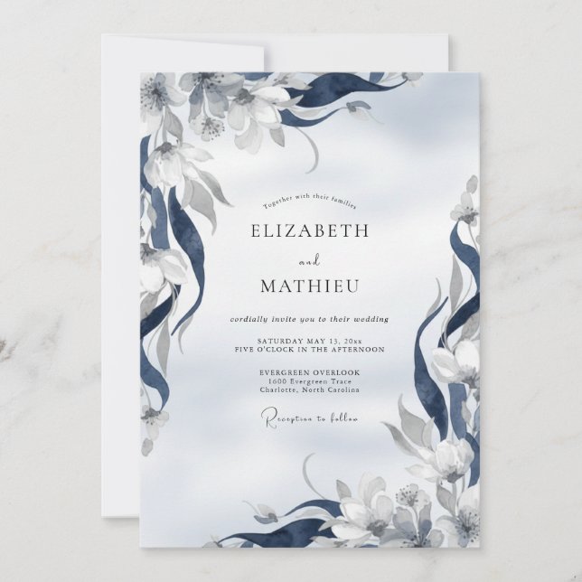 Convite Casamento com Folha Pintada de Índigo (Frente)