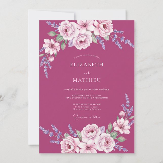 Convite Casamento com Folha Pintada de Magenta (Frente)