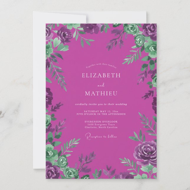 Convite Casamento com Folha Pintada de Magenta Prado (Frente)