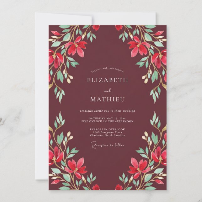 Convite Casamento com Folha Pintada de Marrom-Vermelhado (Frente)