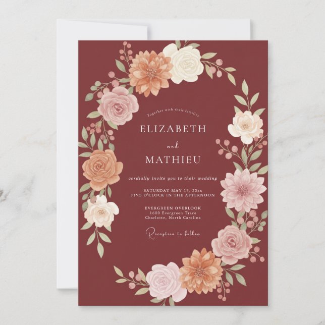 Convite Casamento com Folha Pintada em Merlot Profundo (Frente)