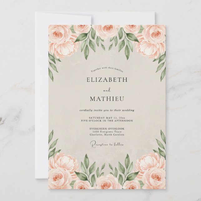 Convite Casamento com Folhagem Aquarela Damasco (Frente)