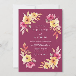 Convite Casamento com Folhagem Aquarela Framboesa