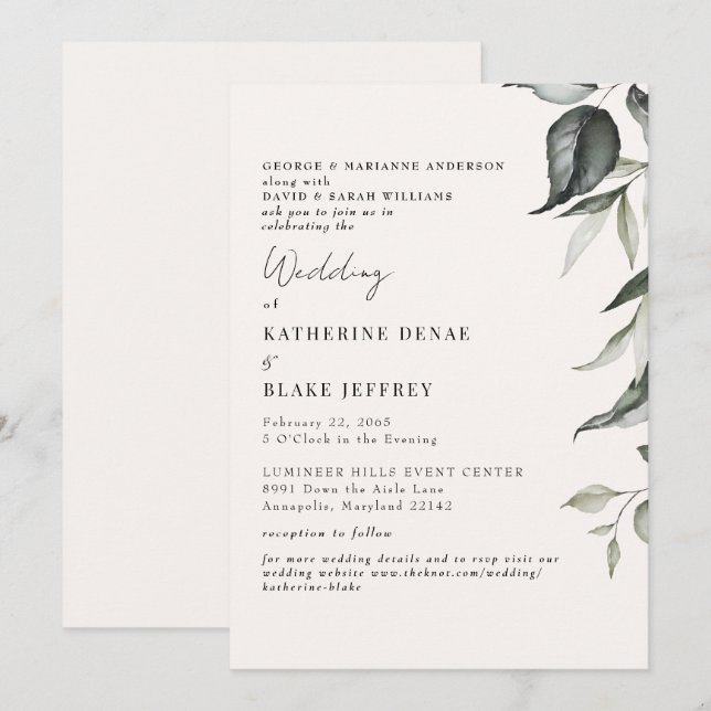 Convite Casamento com Folhagem Botânica de Champanhe Claro (Frente/Verso)