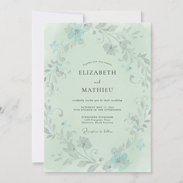Convite Casamento com Folhagem Cinza Eucalipto Teal Espuma (Frente)