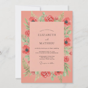 Convite Casamento com Folhagem Coral e Papoula