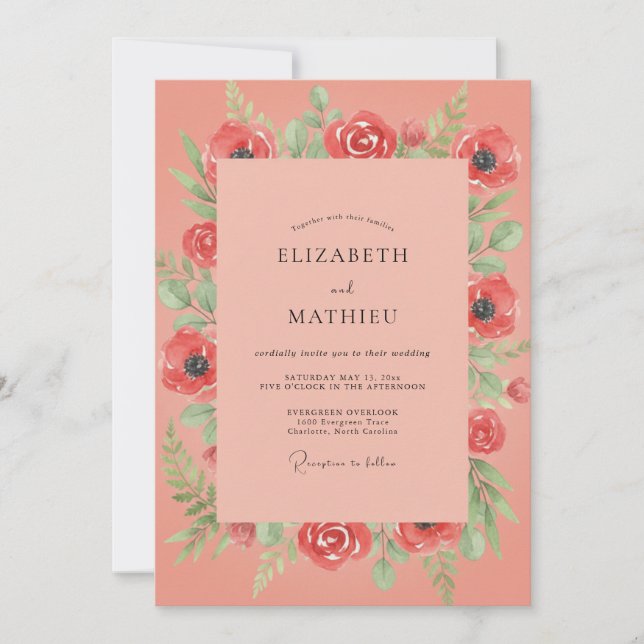 Convite Casamento com Folhagem Coral e Papoula (Frente)