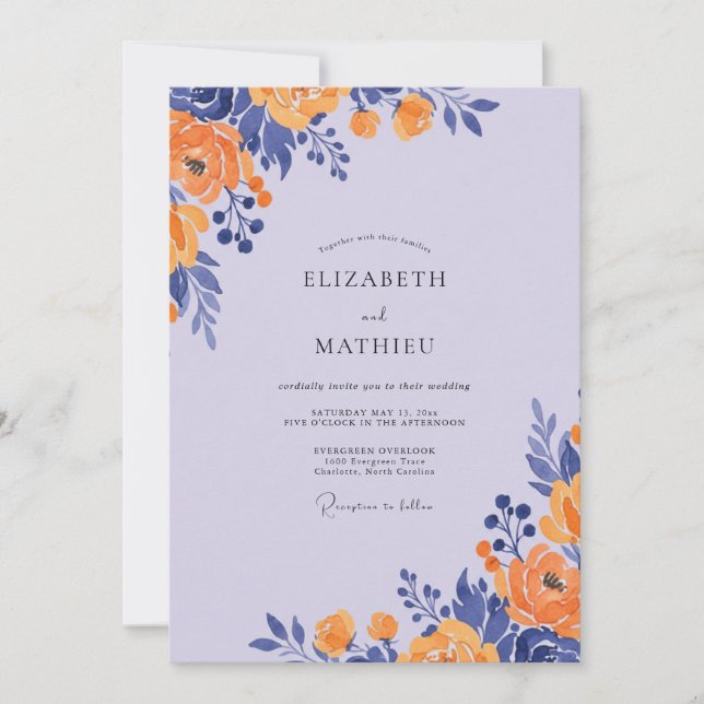 Convite Casamento com Folhagem de Âmbar Lavanda Eucalipto (Frente)