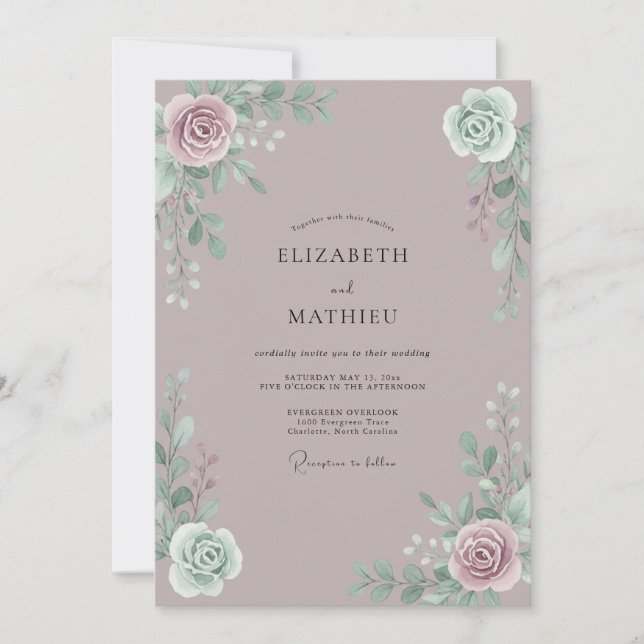 Convite Casamento com Folhagem de Ameixa em Tom Suave de E (Frente)