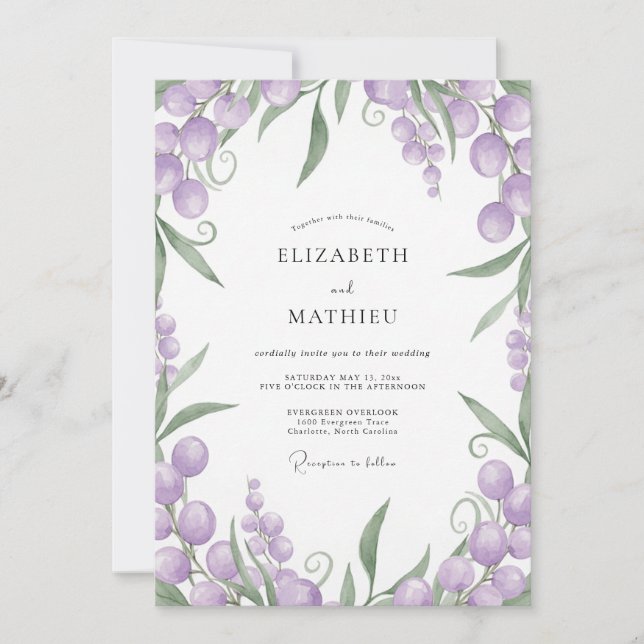 Convite Casamento com Folhagem de Amora Amethista (Frente)