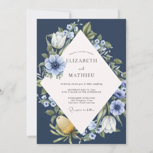 Convite Casamento com Folhagem de Anêmona Azul-Marinho